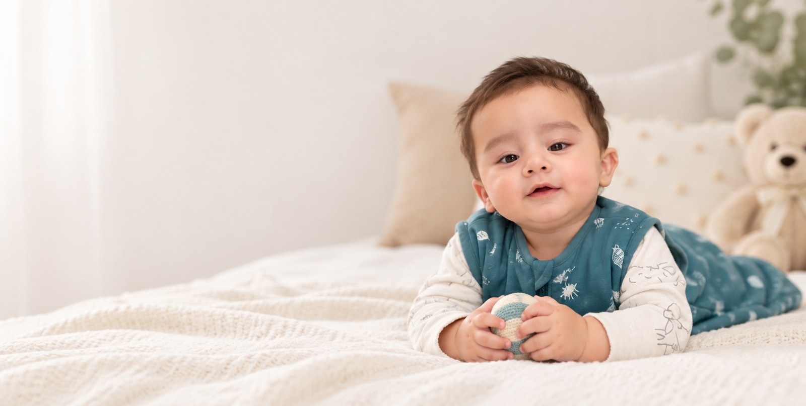 Baby in a soft knit sleep sack resting on a cream blanket, NIINY nursery essentials